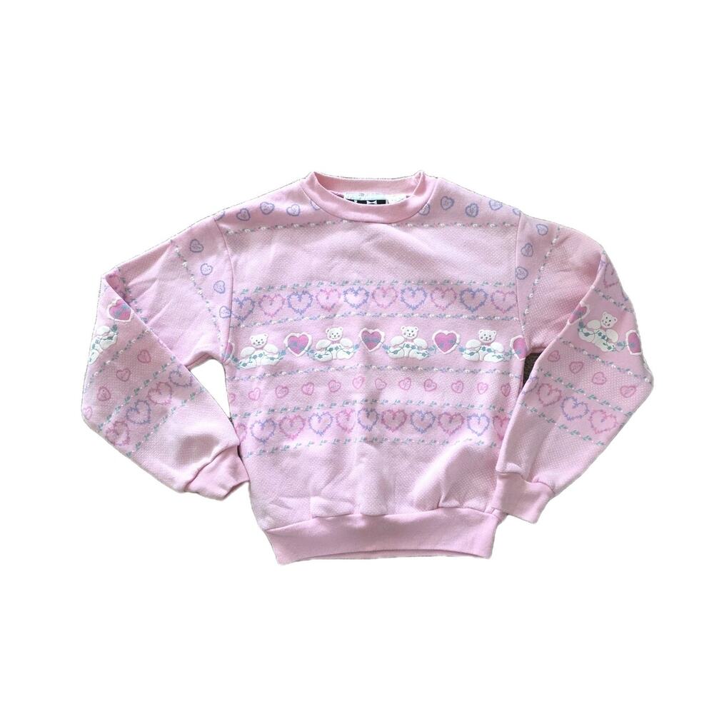 Vintage Jet Set Kids Heart Print Crew Sweatshirt Girls L 12-14 Pastel Pink 80s